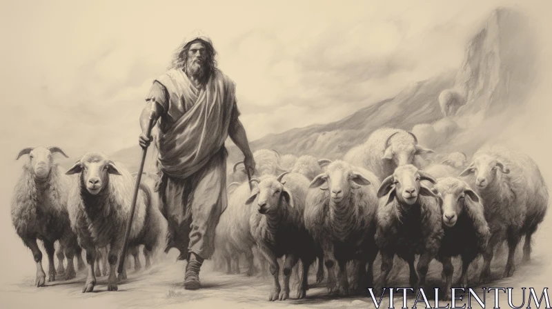 A Captivating Monochromatic Drawing of a Shepherd and Sheep AI Image