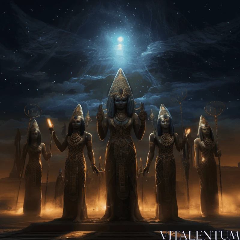 Ethereal Egyptian Goddesses in Moonlight | Hyper-Detailed Concept Art AI Image