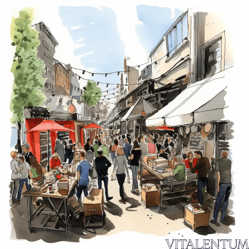 Captivating Sketch of a Vibrant Street Market | Danish Design AI Image