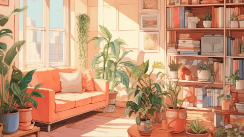 Cozy Room with Plants and Bookshelf | Atmospheric Anime Art