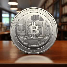 Silver Bitcoin Coin on Wooden Table in Library - Photorealistic Urban Art
