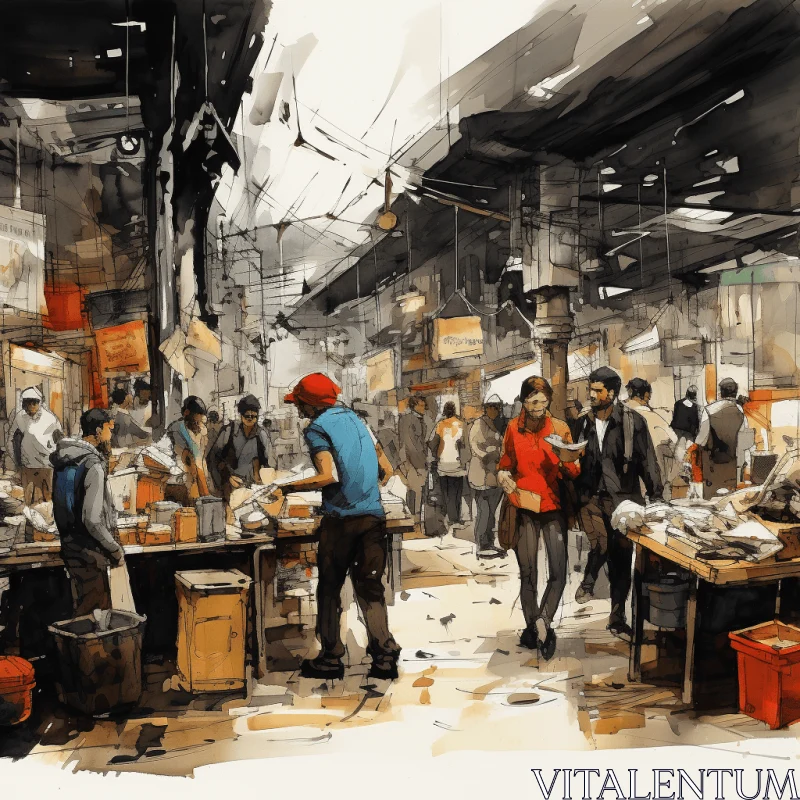 Bustling Market Illustration | Accurate and Detailed Artwork AI Image