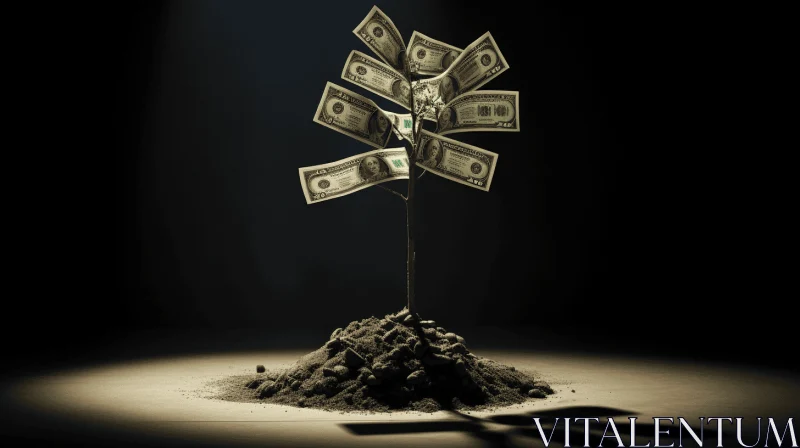 AI ART Cash Tree with Money on Dark Background - Surreal Organic Forms