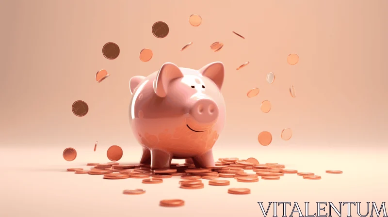 Abstract Piggy Bank with Gold Coins Flying on Light Pink Background AI Image