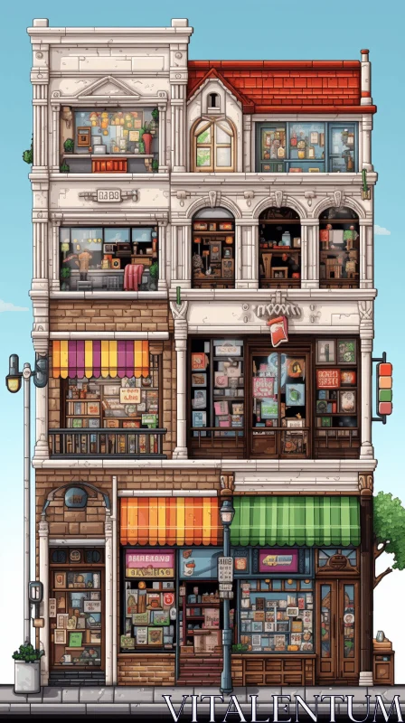 Detailed Pixel Art of a Building with Various Stores | Architecture/Design AI Image