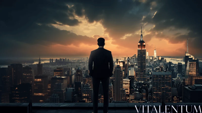 Businessman Looking Over Dystopian Cityscape in American Tonalist Style AI Image