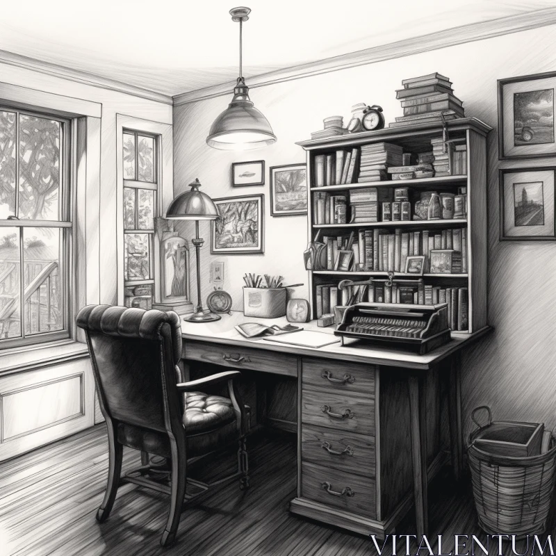 AI ART Intriguing Black and White Drawing of an Old Desk and Books