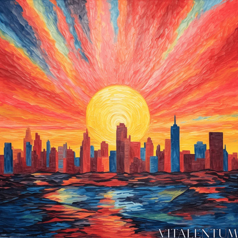 Captivating Sunset Painting - Chicago Skyline in Psychedelic Realism AI Image