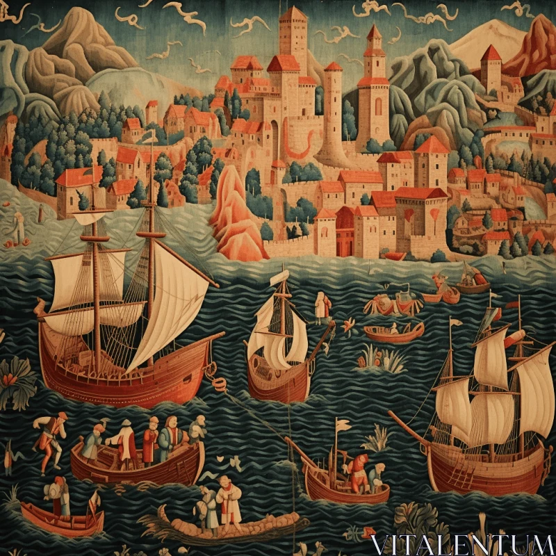 Captivating Tapestry: A Small Town by the Sea with Sailing Ships and Fishing Boats AI Image