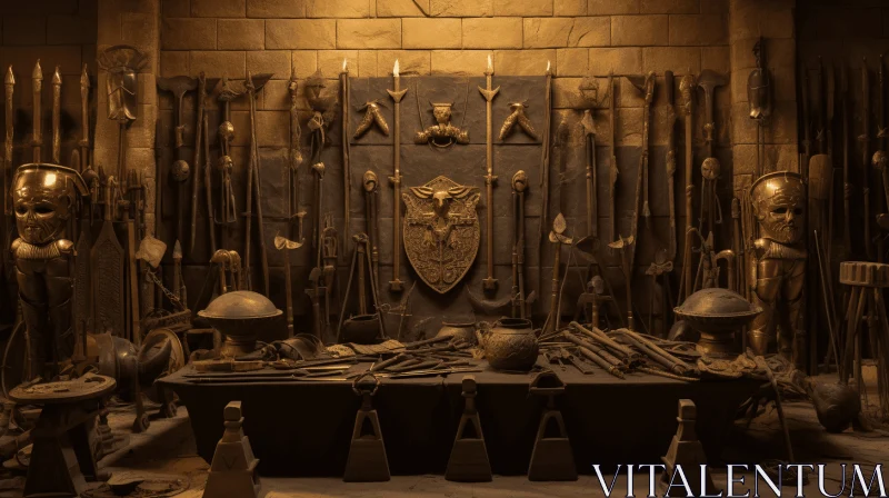Enigmatic Room of Mythical Artistry: Tools and Weapons in Sepia Tones AI Image