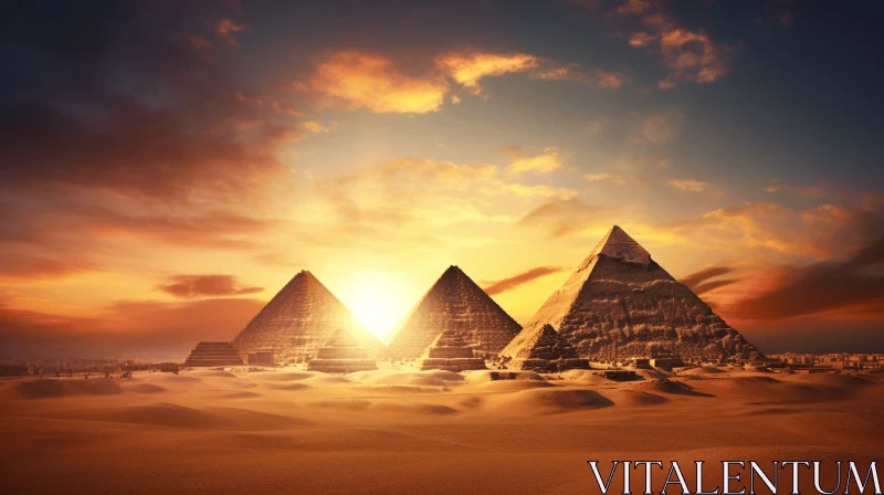 AI ART Three Pyramids at Sunset: A Captivating Ancient Egypt Stock Photo