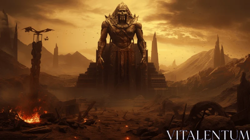 Ancient World: A Grandiose Statue in a Hellish Landscape AI Image