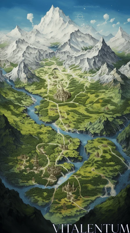 Captivating Anime Map with Majestic Mountains and Mythological Imagery AI Image