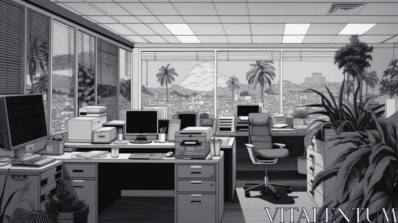 Captivating Black and White Office Illustration with Lush Plants AI Image