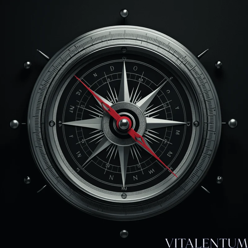 AI ART Silver Compass on Black Background with Red Star | Photorealistic Detail