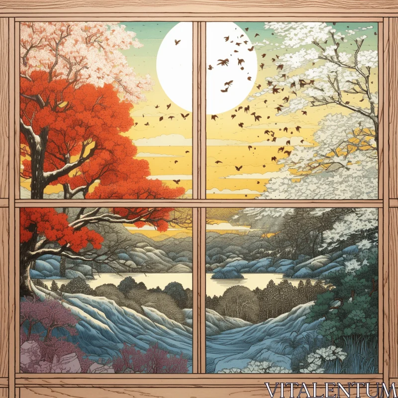 Captivating Window with Blue Trees and Red Moon | Detailed Landscape Illustration AI Image