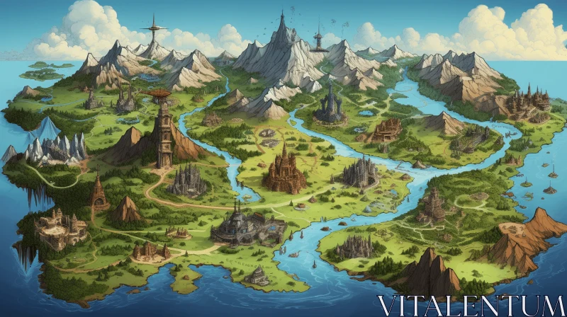 Fantasy World Map Illustration - Expansive Landscapes, Cartoonish Realism AI Image