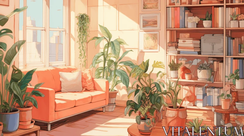 Cozy Room with Plants and Bookshelf | Atmospheric Anime Art AI Image