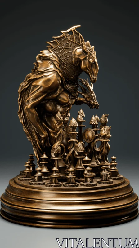 Intriguing Bronze Chess Piece: Mythological Realism in Hyperrealistic Fantasy AI Image