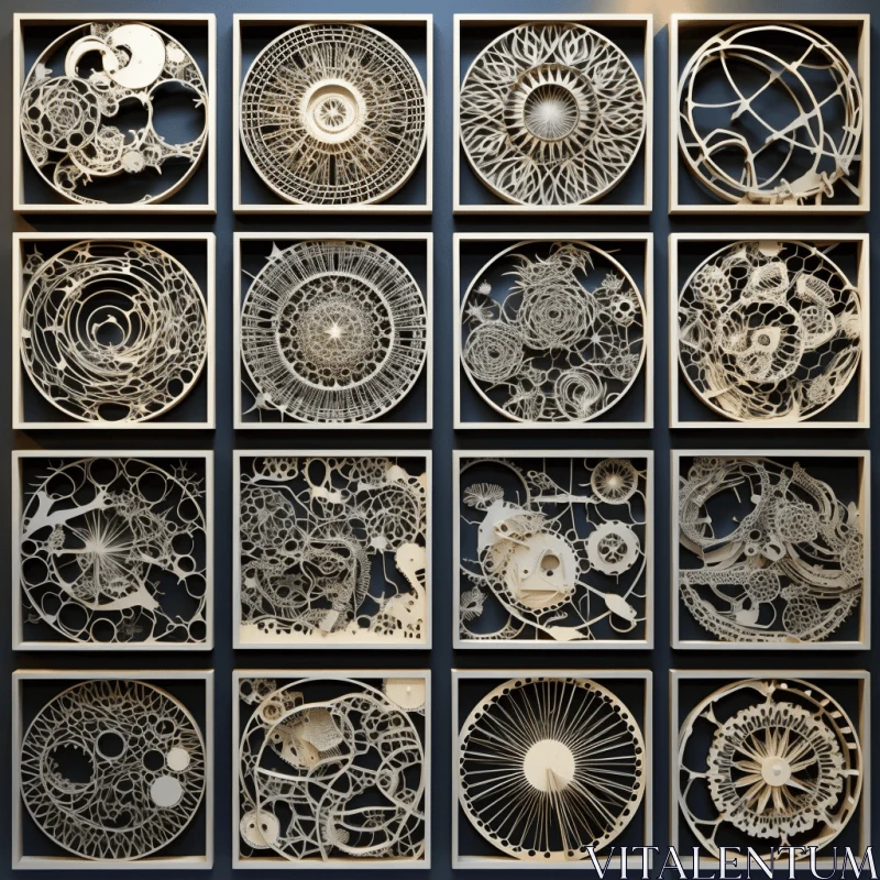 Intricate Wood Frame Art: Circular Abstraction with Industrial and Technological Elements AI Image