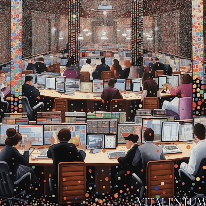 Computer Office Painting with Confetti-like Dots and Detailed Architecture AI Image