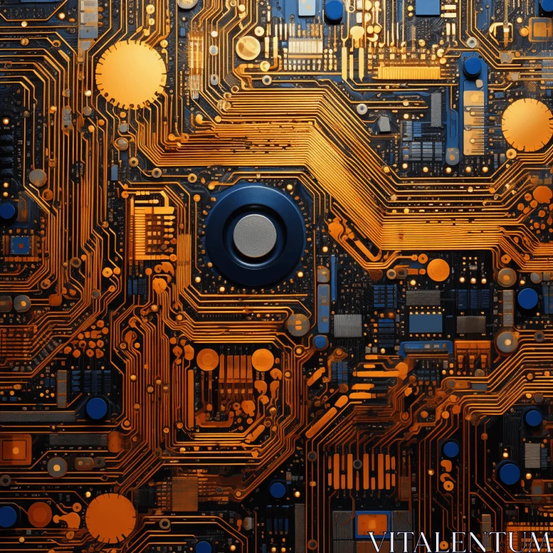Intricate Electronic Circuit Board in Dark Gold and Blue | Architecture Painting AI Image
