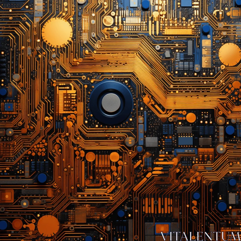Intricate Electronic Circuit Board in Dark Gold and Blue | Architecture Painting