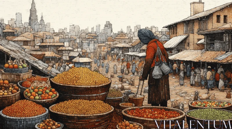 Vibrant Market Scene: Traditional Illustration with Kinetic Pointillism AI Image