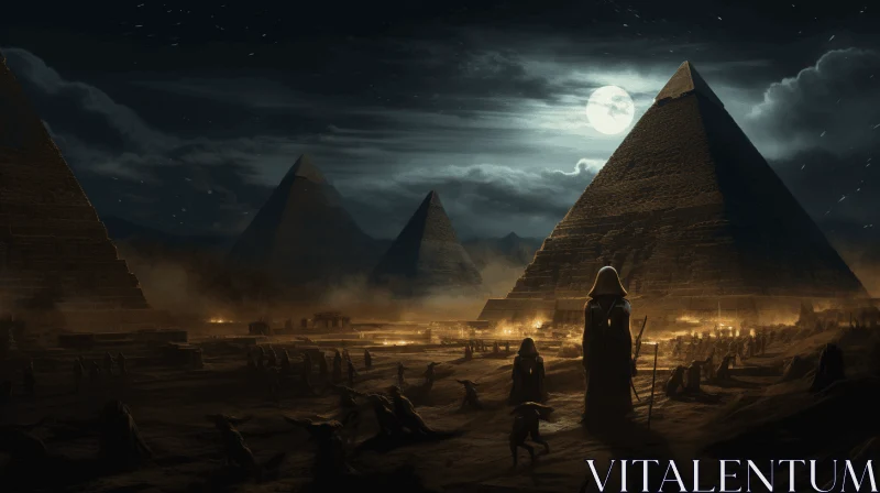 Mysterious Egyptian Pyramid Landscape at Night | Dystopian Cityscapes AI Image