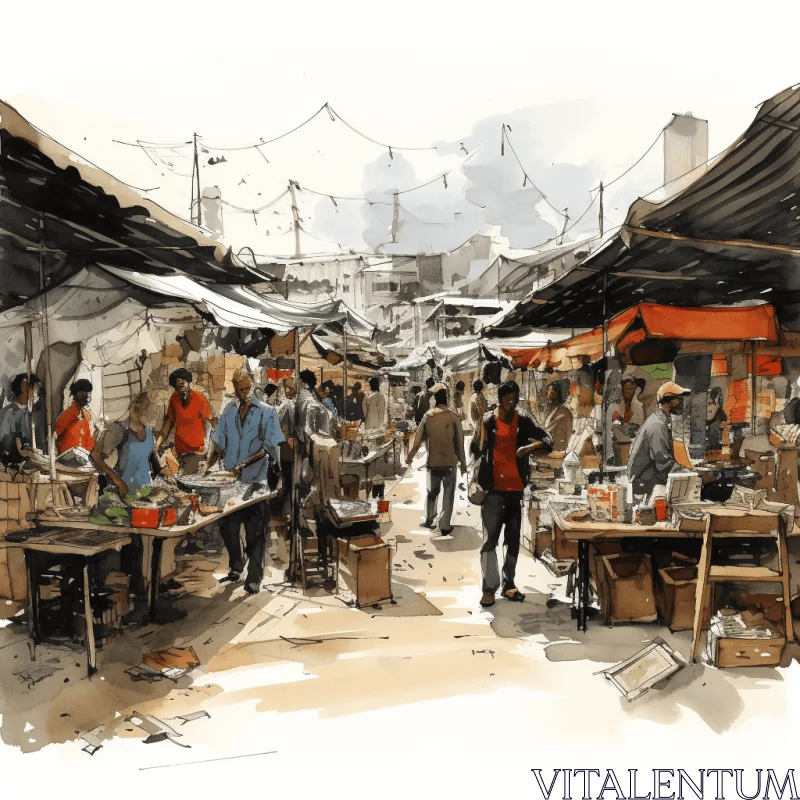 Vibrant Sketch of People Shopping at Outdoor Market | Traditional Techniques AI Image