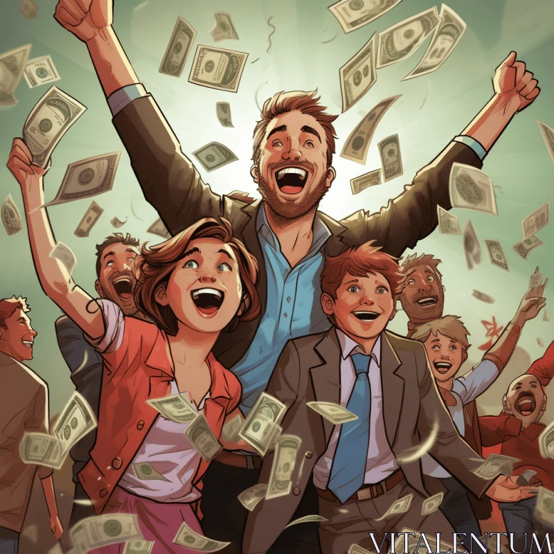 Joyful Success Celebration with Money - Cartoon Illustration AI Image