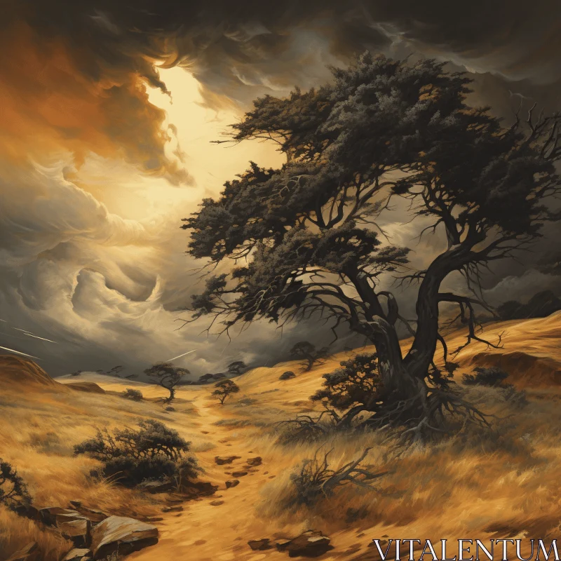 Captivating Tree in a Tranquil Field - Nature Painting AI Image
