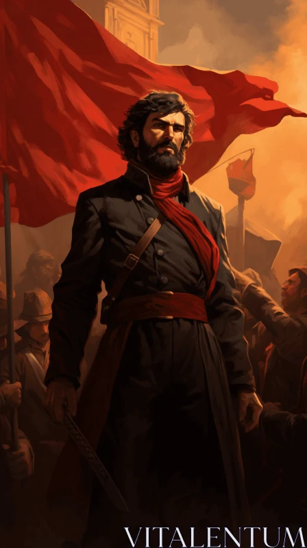 Captivating Digital Painting of a Man near a Red Flag AI Image