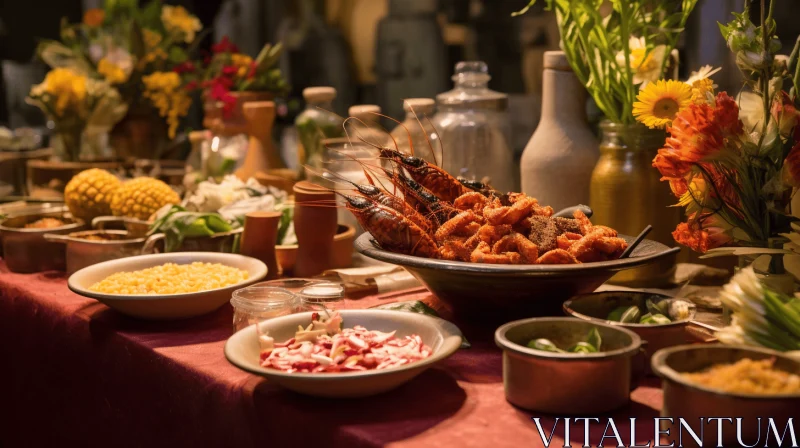Captivating Display of Various Foods on a Table | Folk-inspired Feast AI Image