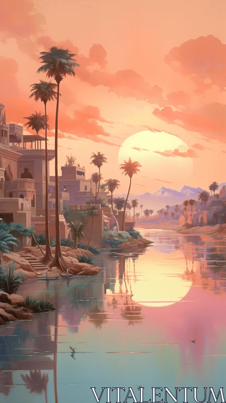 Enigmatic Egyptian Town at Sunset on Water | Sci-Fi Landscapes AI Image