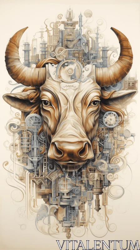 Captivating Bull's Head and Cityscape Artwork in Mechanical Realism Style AI Image