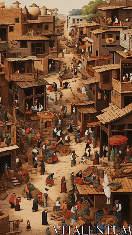 Captivating Village Scene: Detailed Wood and Lacquer Painting AI Image