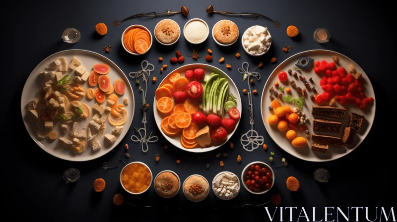 Captivating Artistic Display of Dinner with Fruit and Vegetables on a Black Background AI Image