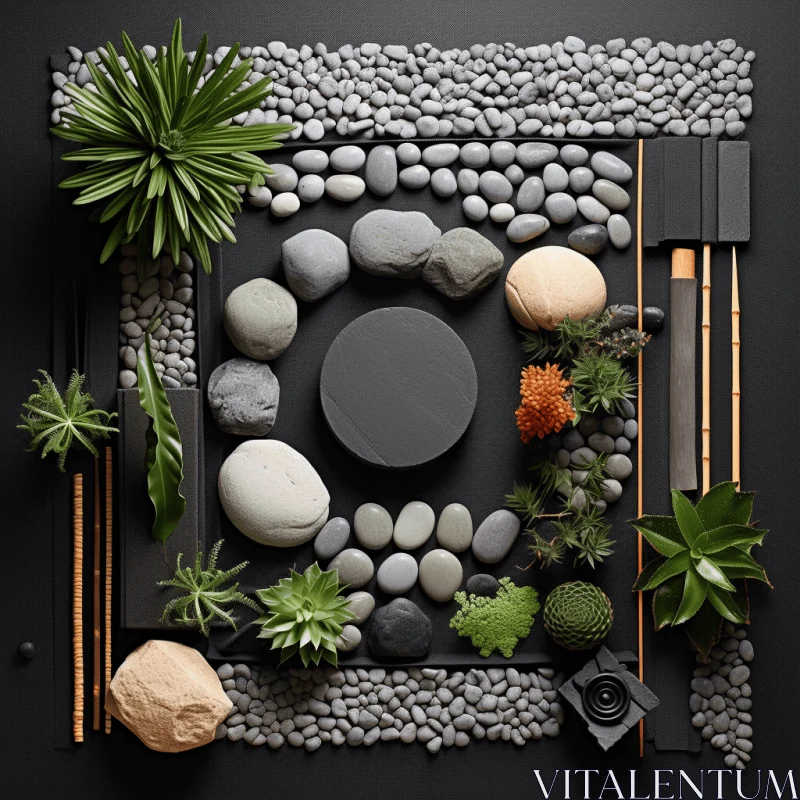 Circular Collection of Stones with Plants and Planters - Traditional Japanese Influence AI Image