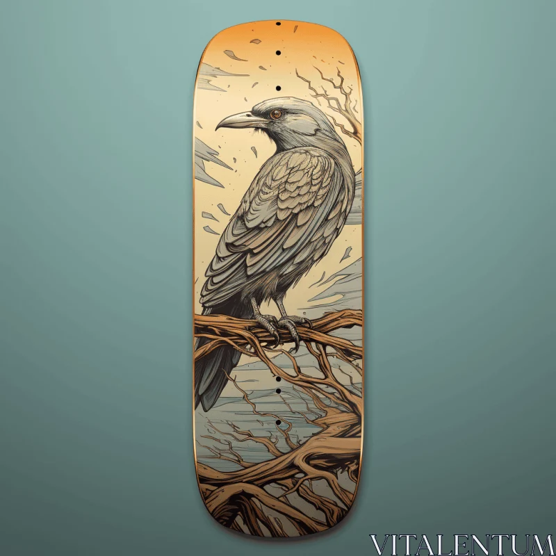 Realistic Skateboard Deck with Blue Crow and Thorn AI Image