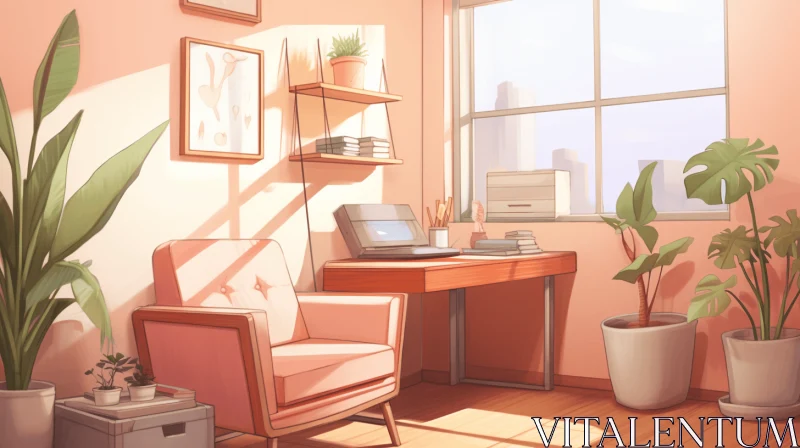 Delicate Pink Office Room with Vibrant Plants | Tranquil Manga Style AI Image
