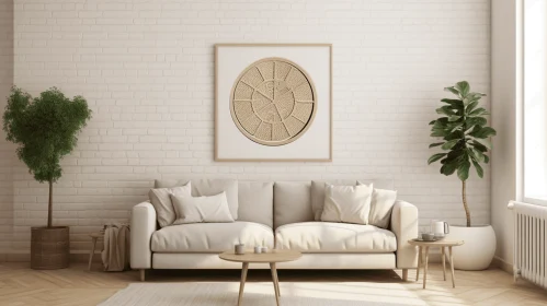 Intricately Woven Living Room with White Sofa and Wooden Frame - Circular Abstraction