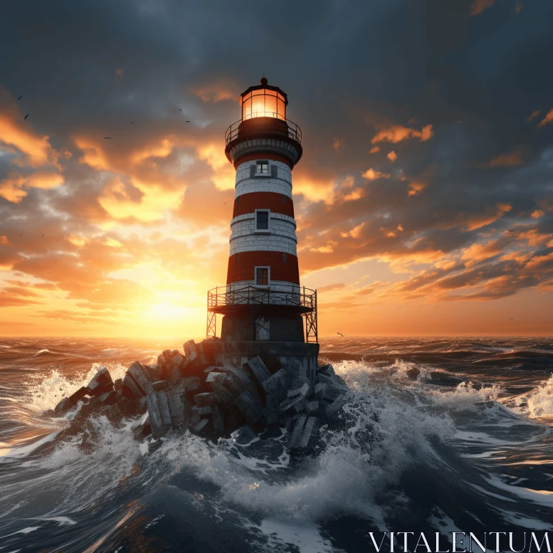 Lighthouse at Sunset in Ocean - Hyper-Realistic 3D Illustration AI Image
