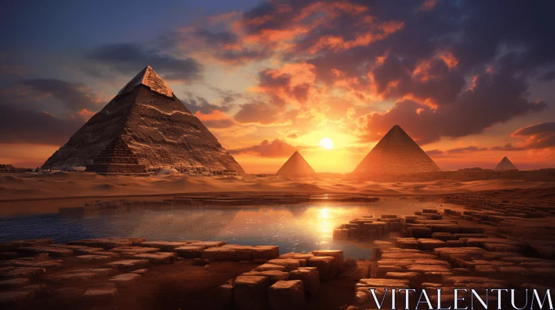 Pyramids at Sunset: A Mesmerizing 3D Rendering of Ancient Egypt AI Image