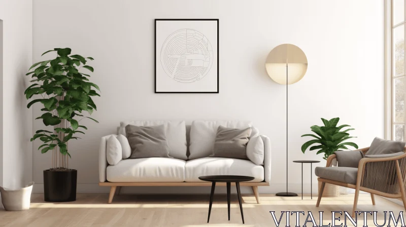Minimalist White Living Room with Wooden Floor, Chair, Picture, and Plant | 3D Render Project AI Image