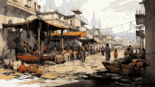 City Market Illustration in Post-Apocalyptic Style | Captivating Artwork