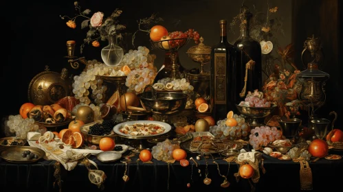 Captivating Still Life Painting: Oranges and Rat on an Extravagant Table
