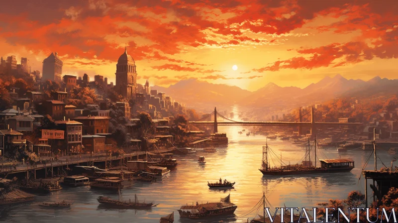 Cityscape Painting: Boats at Sunset by Bay Windows AI Image