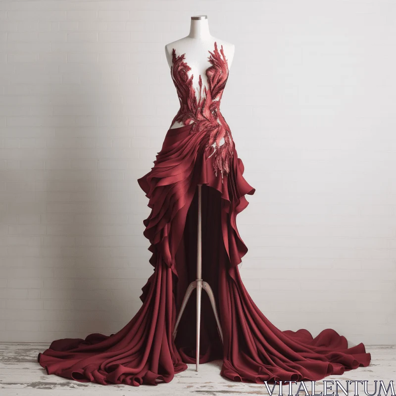 Elegant Ruffled Red Dress on Mannequin - Luxurious Drapery AI Image