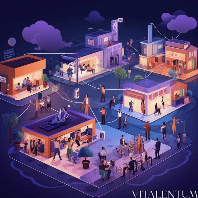 Isometric Design of Night Streets with People | Artistic Cityscape AI Image